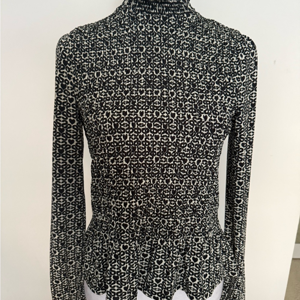 Sandro Women’s Long Sleeve Smocked Blouse Size 0 Black/ White Monogrammed Top
